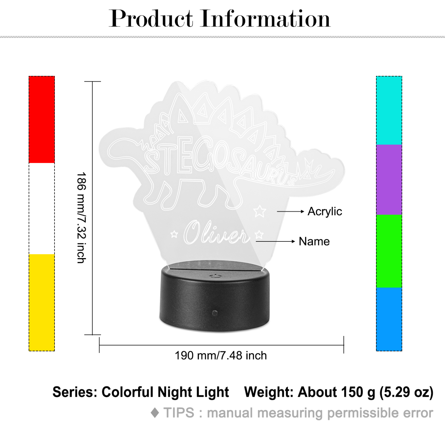 7 colour LED Lamp Dinosaur custom Name Engraved Night Light for Kids Gift-Jessemade AU