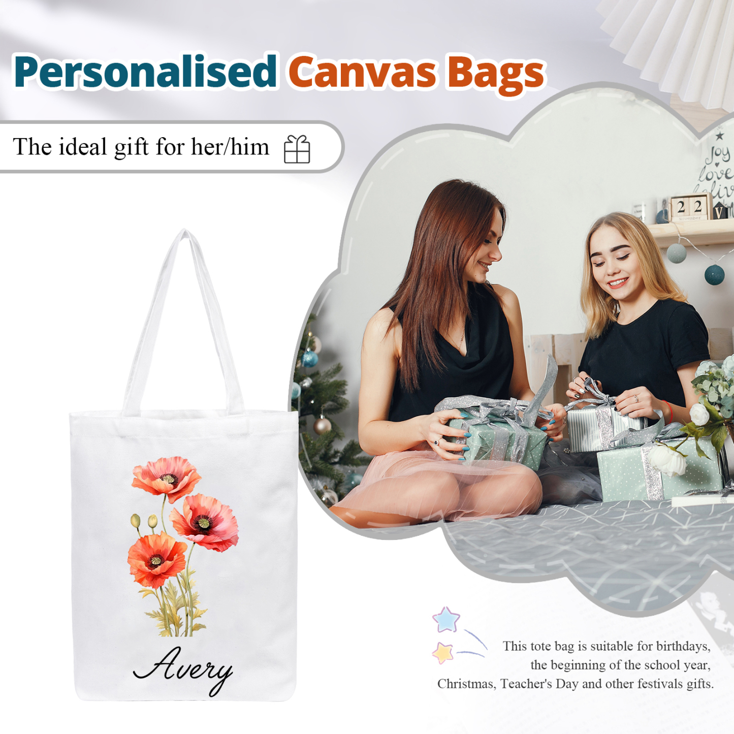 Personalised Tote Bag Custom Birth Flower & Name Handbag Gifts for Women Girls | Jessemade-Jessemade AU