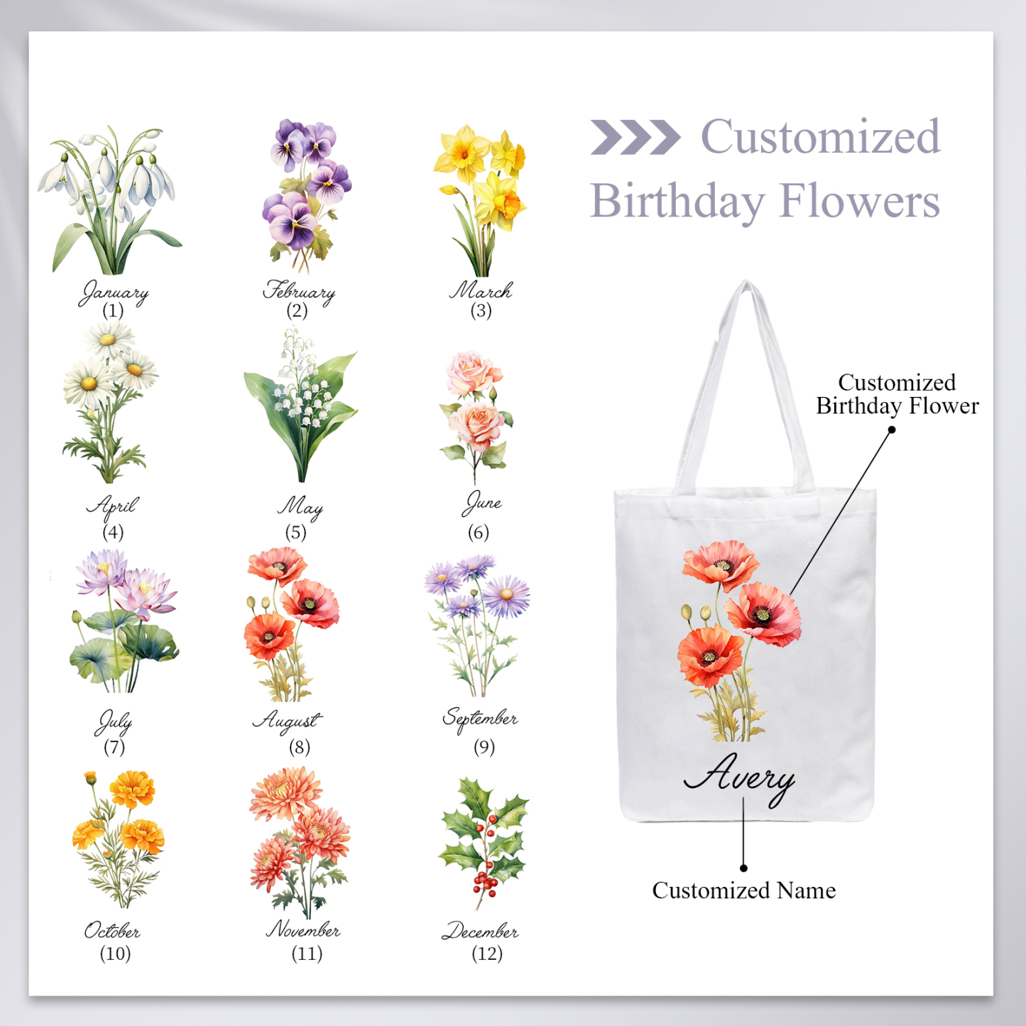 Personalised Tote Bag Custom Birth Flower & Name Handbag Gifts for Women Girls | Jessemade-Jessemade AU