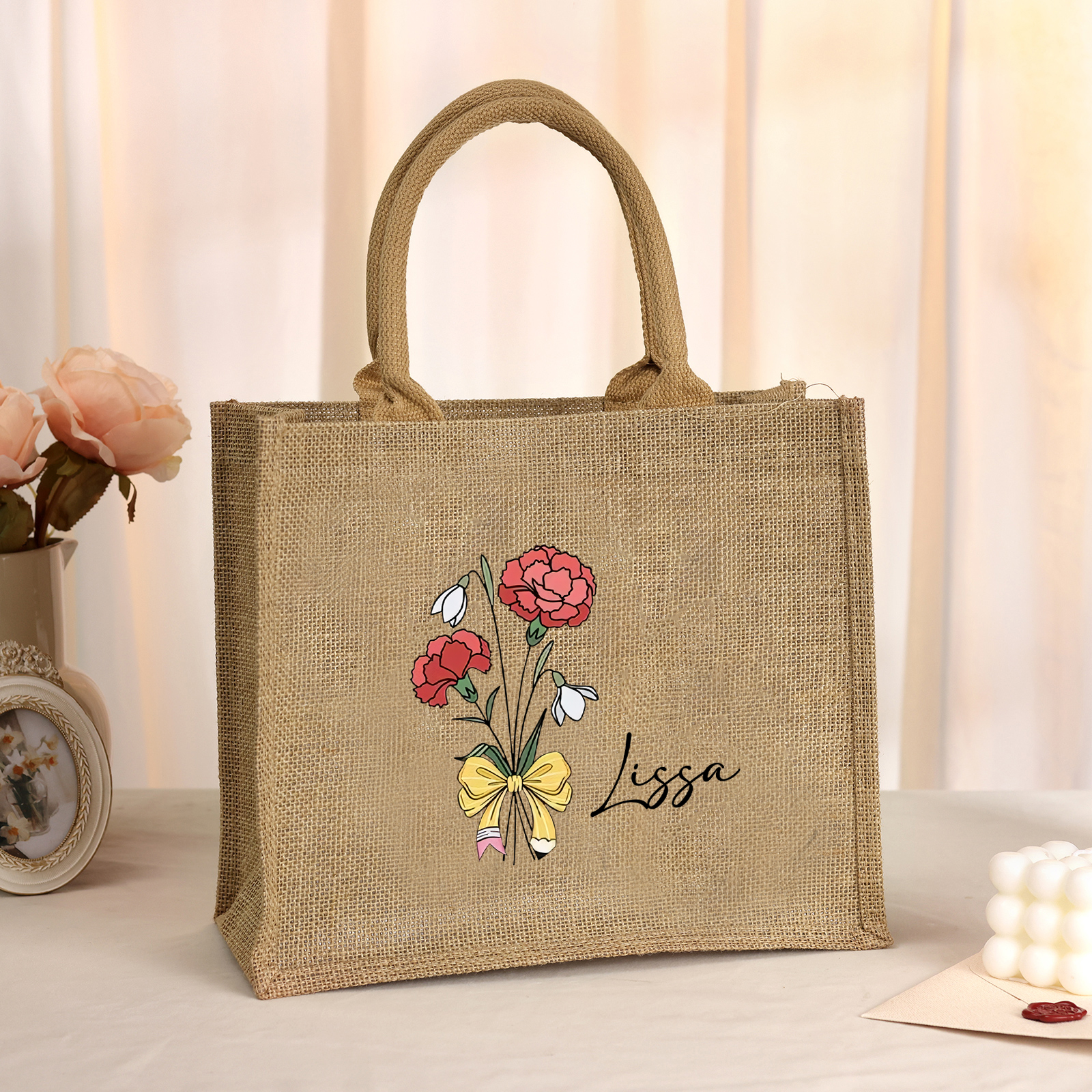 Personalised Birth Flower & Name Tote Bag Beach Jute Bag Birthday Wedding Party Gift for Her