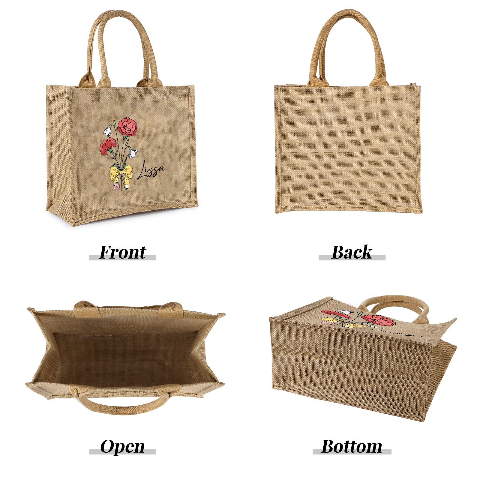 Personalised Birth Flower & Name Tote Bag Beach Jute Bag Birthday Wedding Party Gift for Her-Jessemade AU
