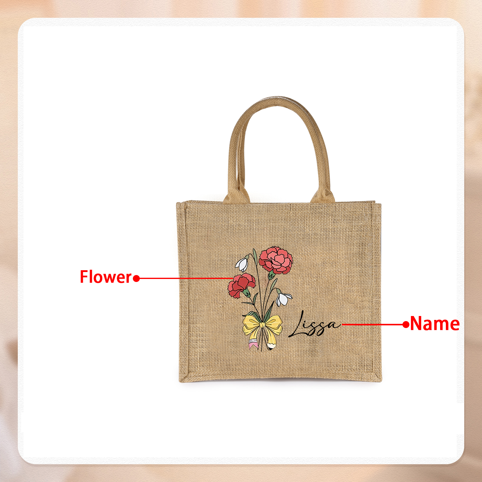 Personalised Birth Flower & Name Tote Bag Beach Jute Bag Birthday Wedding Party Gift for Her
