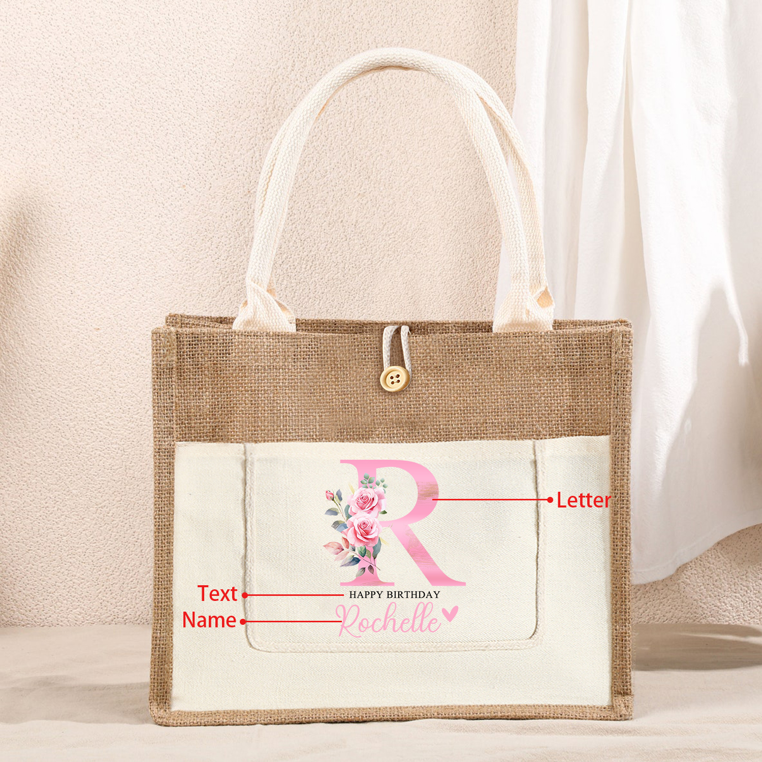 Personalised Women Birthday Bag with 1 Name 1 Text and 1 Letter