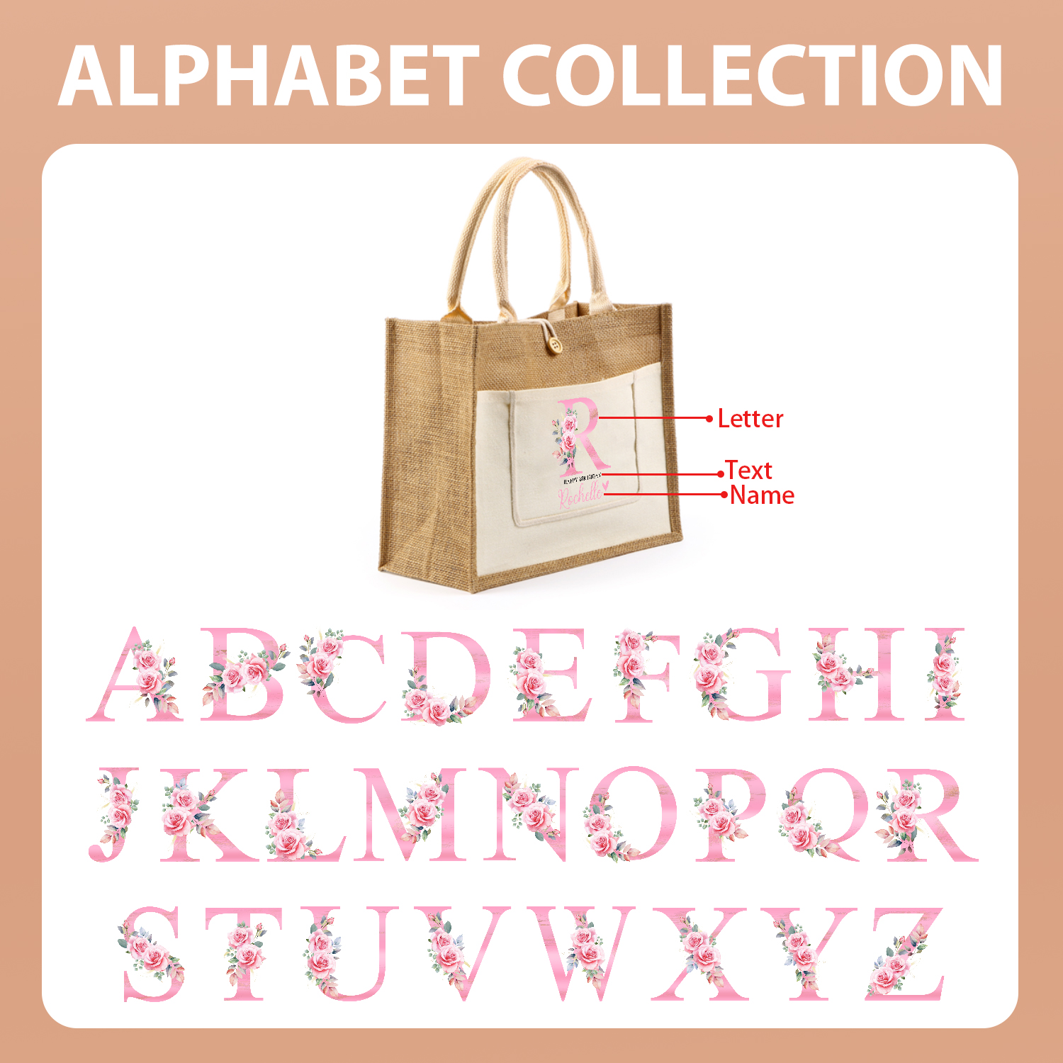 Personalised Women Birthday Bag with 1 Name 1 Text and 1 Letter