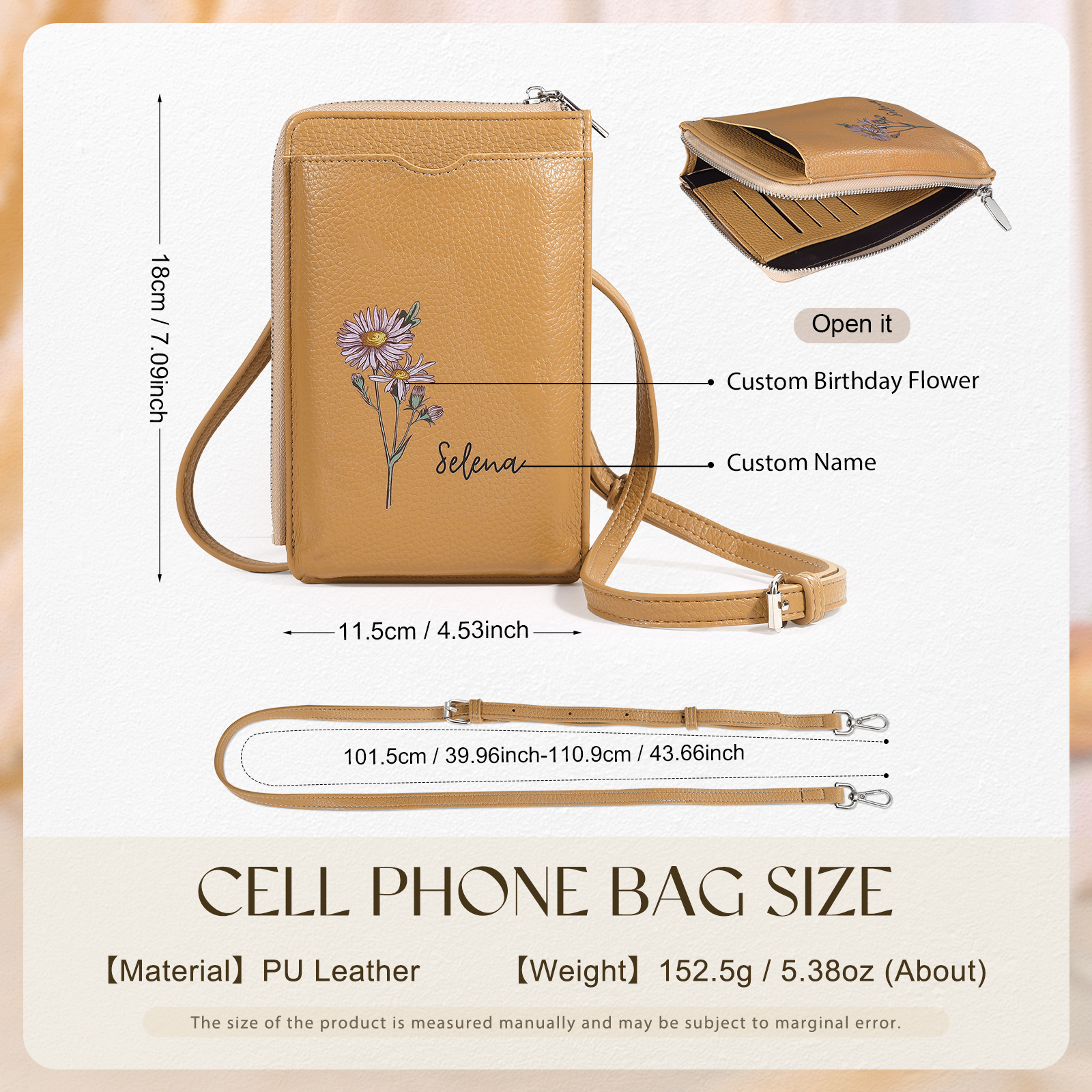 Personalised Leather Crossbody Phone Bag with Name and Birth Flower Zippered Designer Wallet Stylish Gift for Her