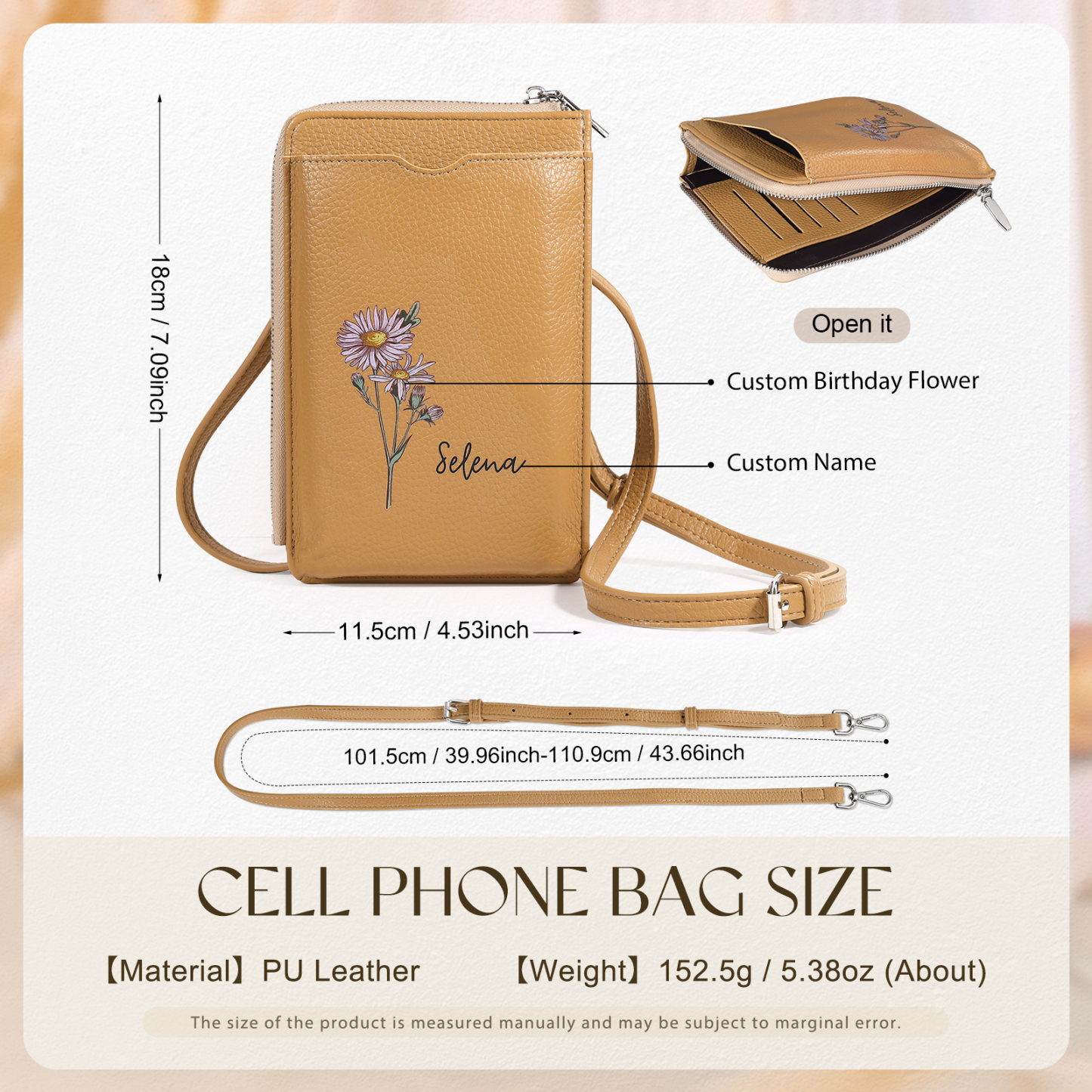 Personalised Leather Crossbody Phone Bag with Name and Birth Flower Zippered Designer Wallet Stylish Gift for Her