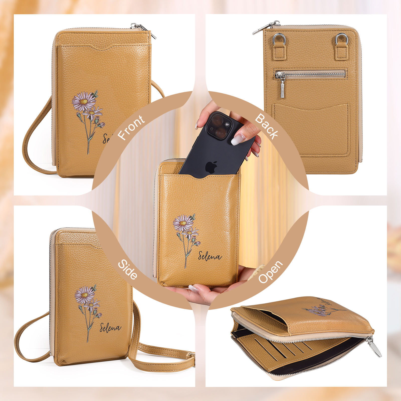 Personalised Leather Crossbody Phone Bag with Name and Birth Flower Zippered Designer Wallet Stylish Gift for Her