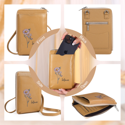 Personalised Leather Crossbody Phone Bag with Name and Birth Flower Zippered Designer Wallet Stylish Gift for Her
