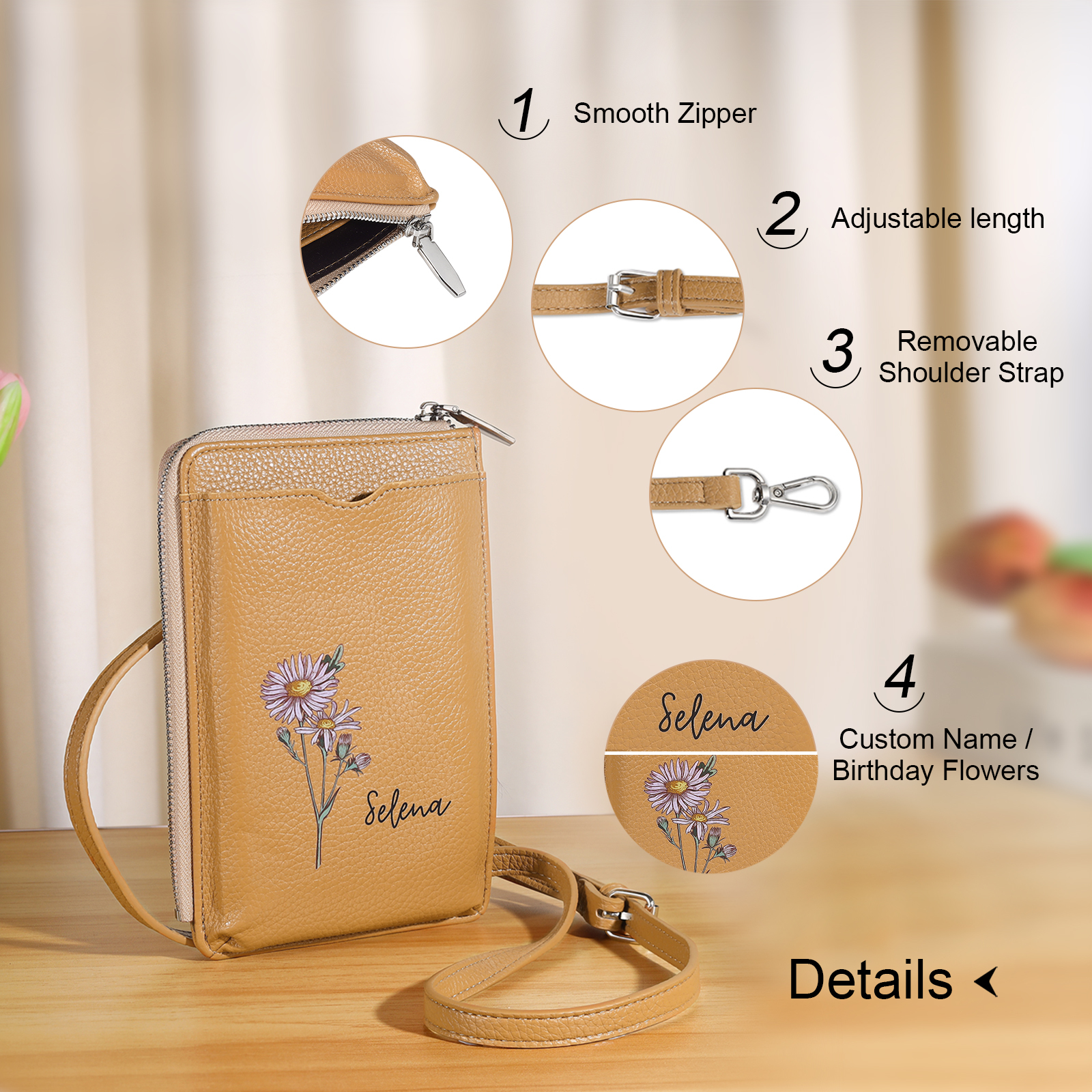 Personalised Leather Crossbody Phone Bag with Name and Birth Flower Zippered Designer Wallet Stylish Gift for Her
