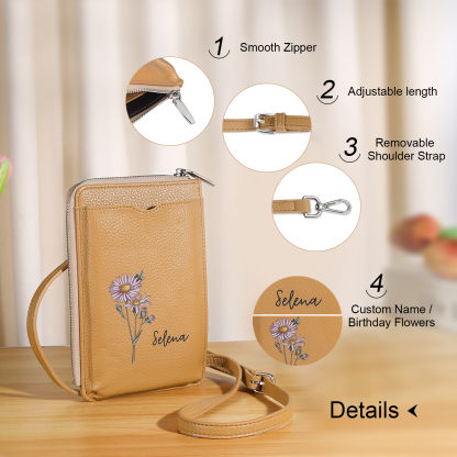 Personalised Leather Crossbody Phone Bag with Name and Birth Flower Zippered Designer Wallet Stylish Gift for Her