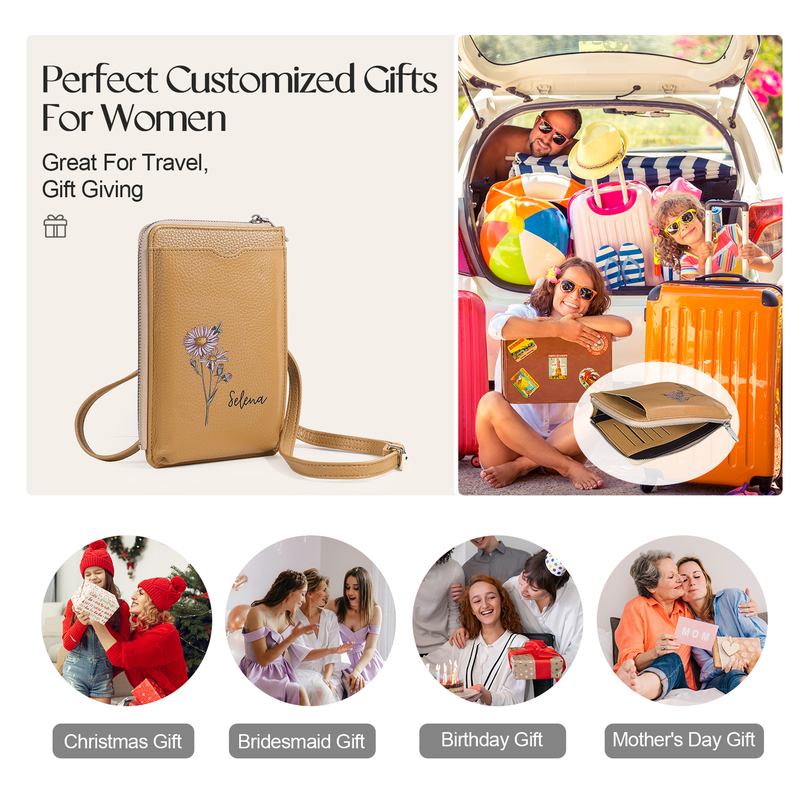 Personalised Leather Crossbody Phone Bag with Name and Birth Flower Zippered Designer Wallet Stylish Gift for Her