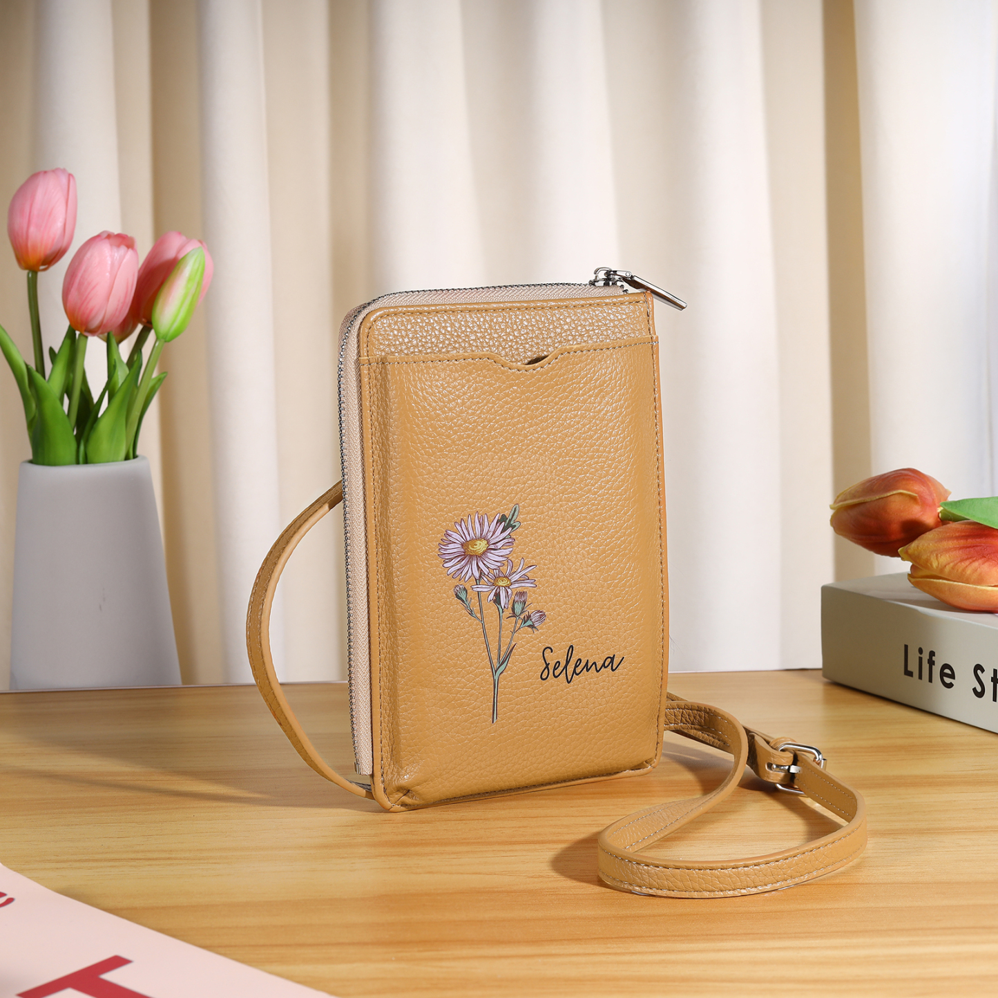 Personalised Leather Crossbody Phone Bag with Name and Birth Flower Zippered Designer Wallet Stylish Gift for Her