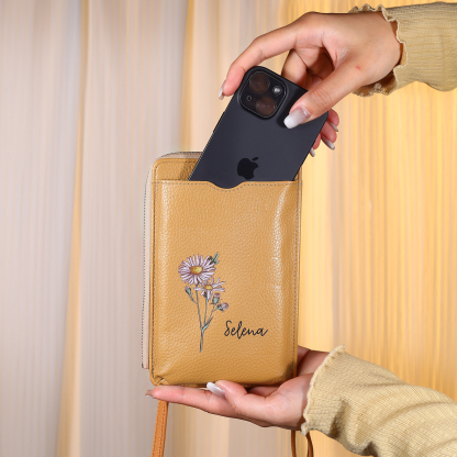 Personalised Leather Crossbody Phone Bag with Name and Birth Flower Zippered Designer Wallet Stylish Gift for Her