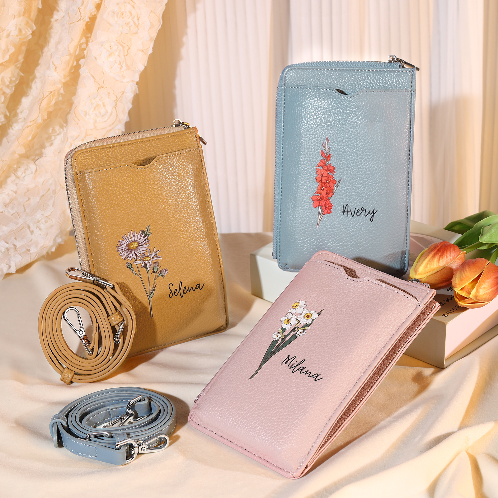 Personalised Leather Crossbody Phone Bag with Name and Birth Flower Zippered Designer Wallet Stylish Gift for Her