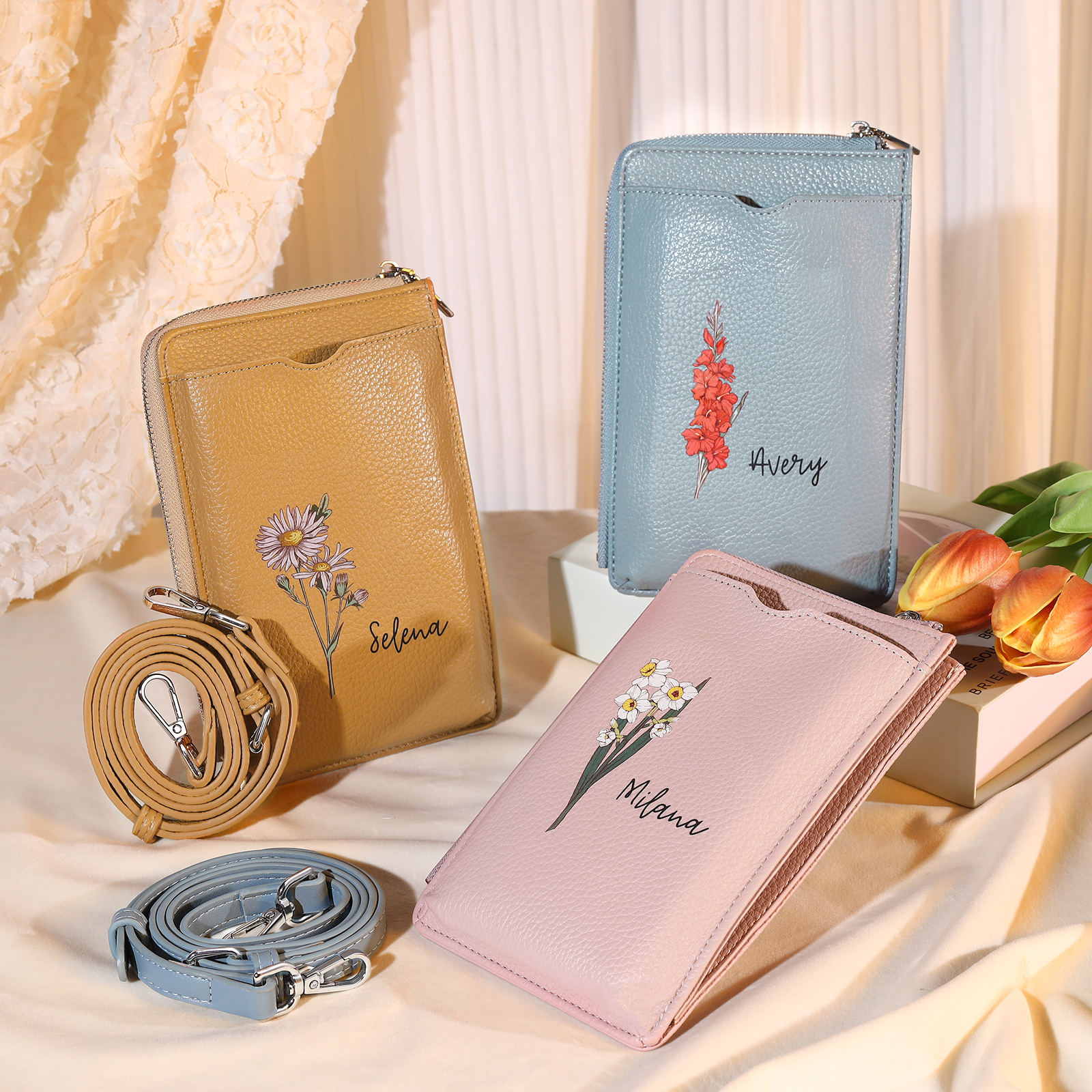 Personalised Leather Crossbody Phone Bag with Name and Birth Flower Zippered Designer Wallet Stylish Gift for Her