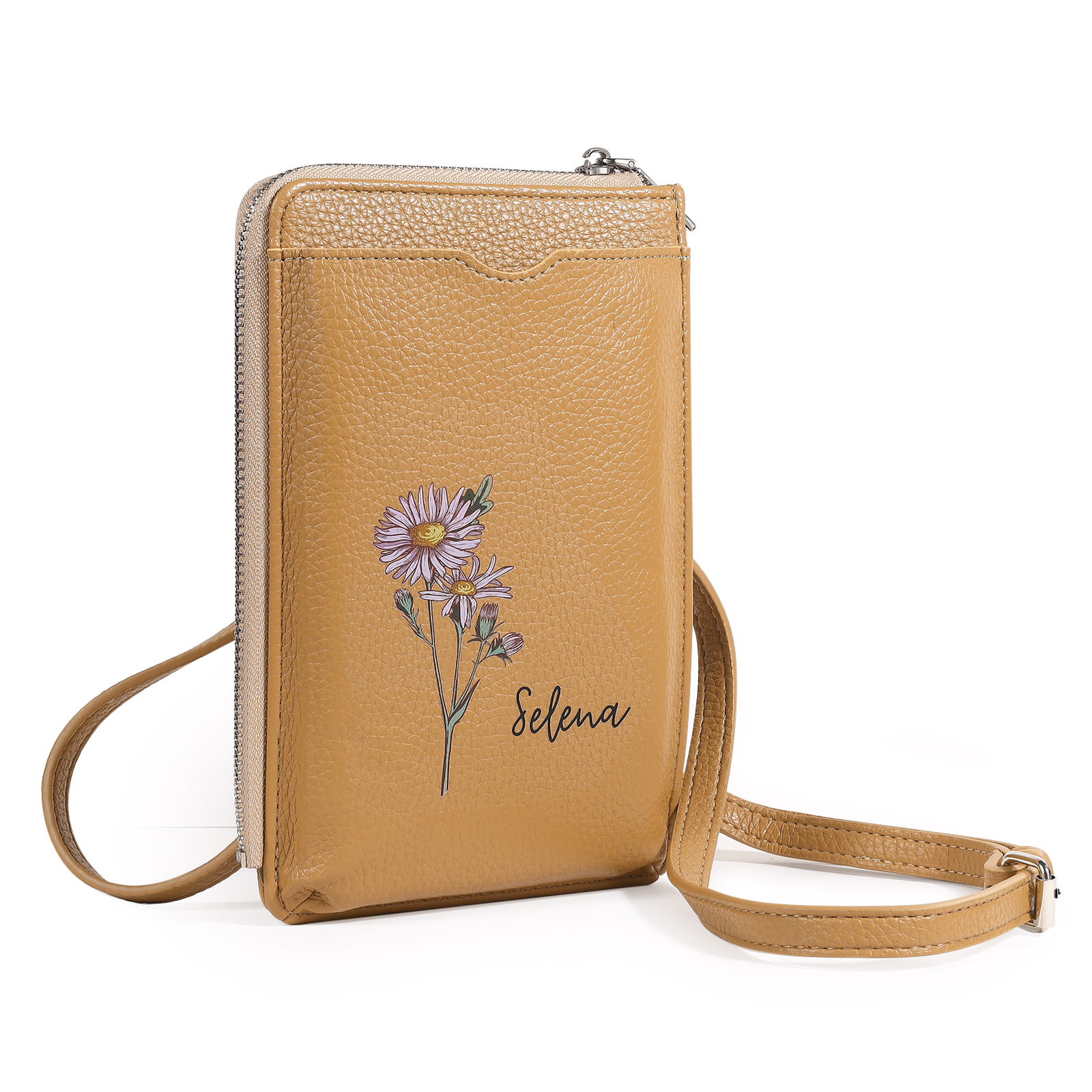 Personalised Leather Crossbody Phone Bag with Name and Birth Flower Zippered Designer Wallet Stylish Gift for Her