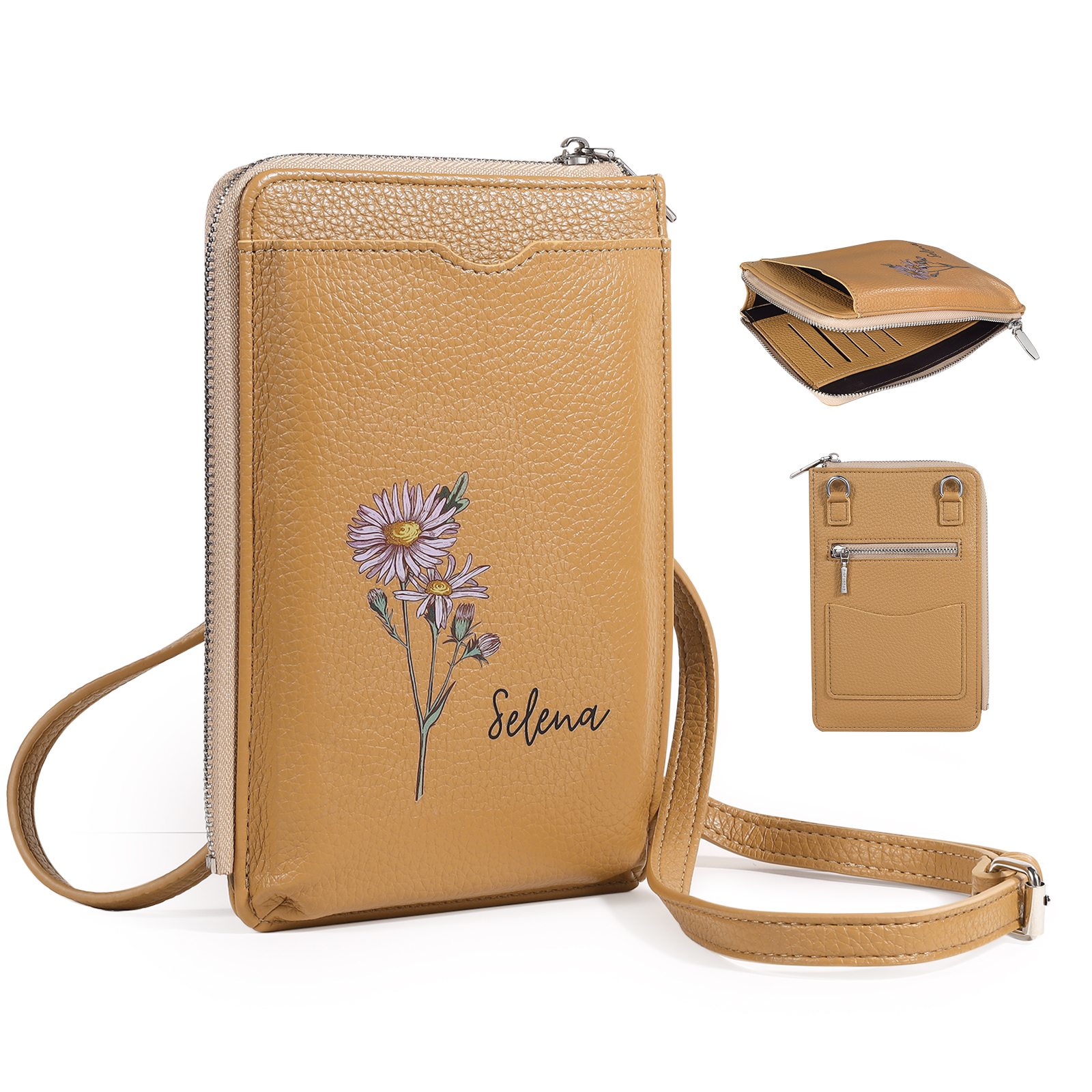 Personalised Leather Crossbody Phone Bag with Name and Birth Flower Zippered Designer Wallet Stylish Gift for Her