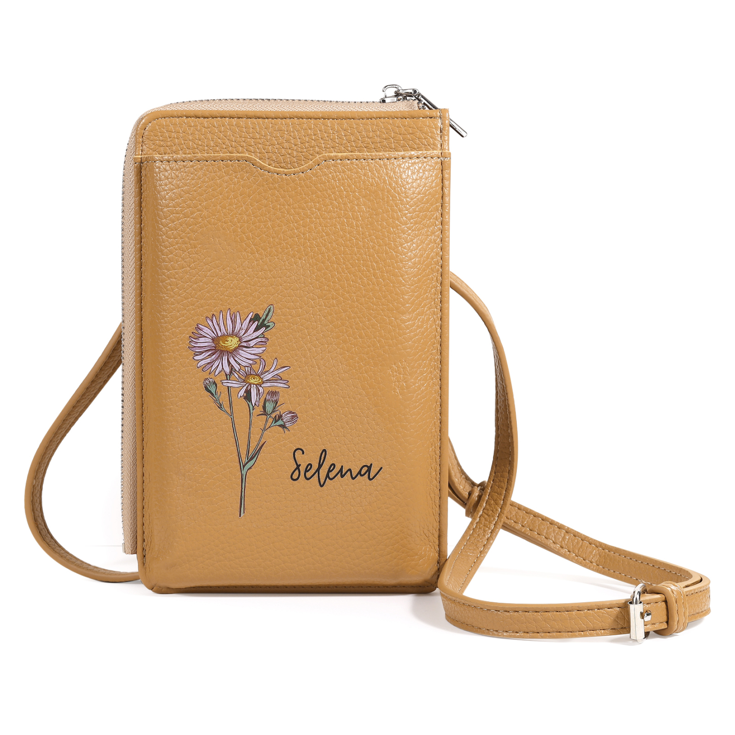 Personalised Leather Crossbody Phone Bag with Name and Birth Flower Zi