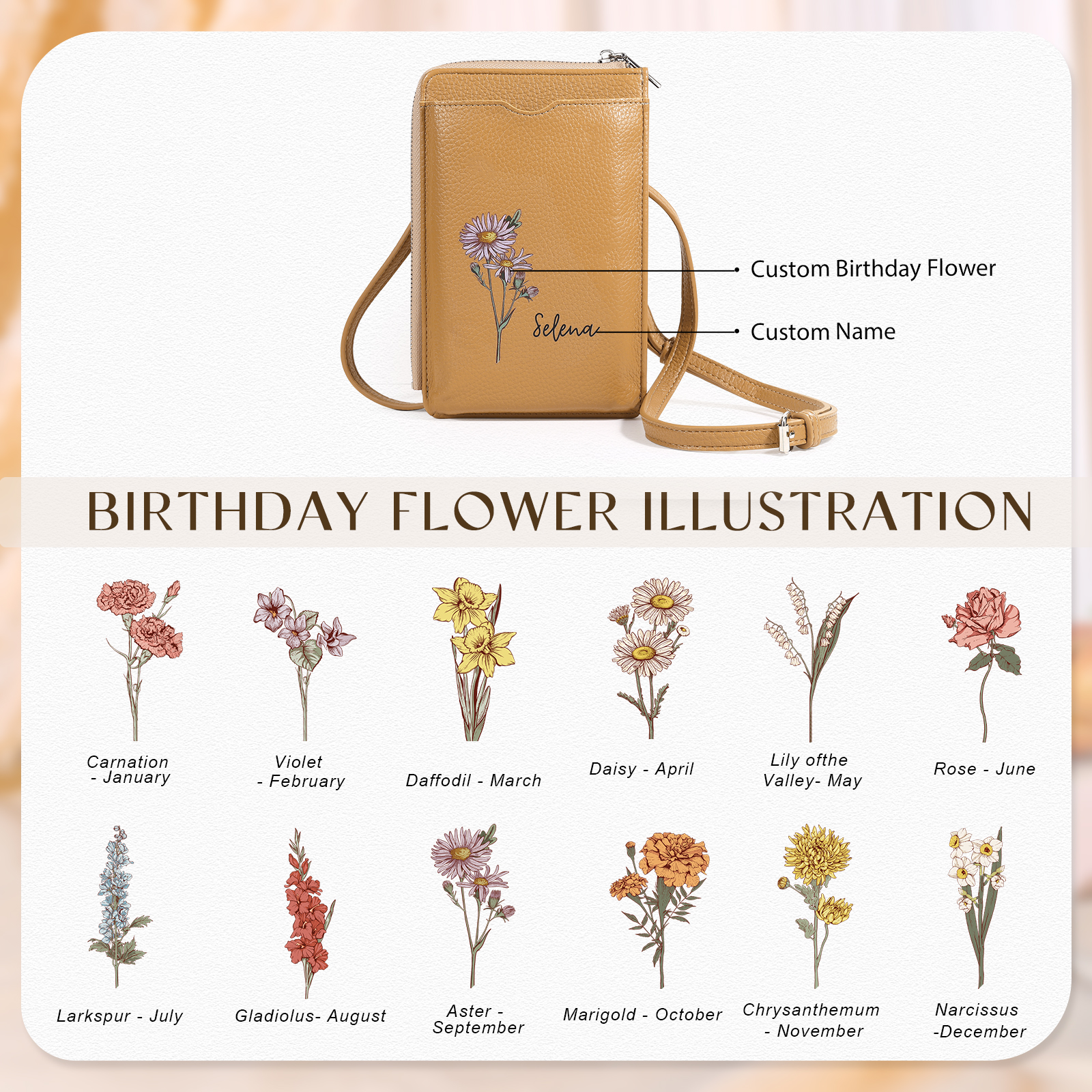 Personalised Leather Crossbody Phone Bag with Name and Birth Flower Zippered Designer Wallet Stylish Gift for Her