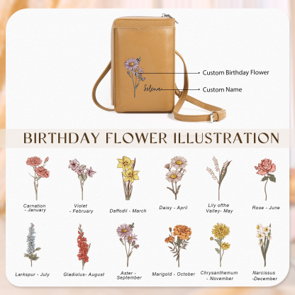 Personalised Leather Crossbody Phone Bag with Name and Birth Flower Zippered Designer Wallet Stylish Gift for Her