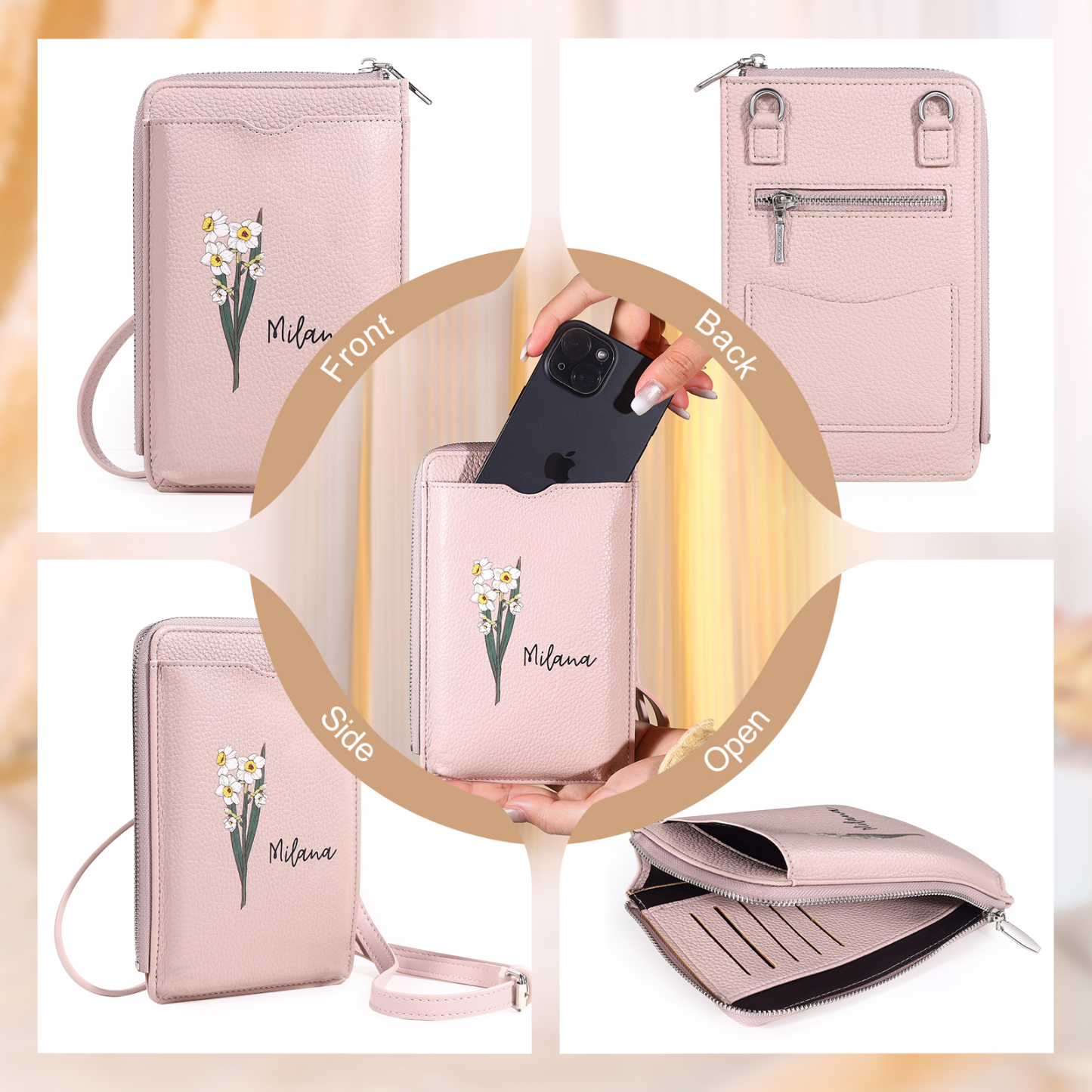 Personalised Leather Crossbody Phone Bag with Name and Birth Flower Zippered Designer Wallet Stylish Gift for Her