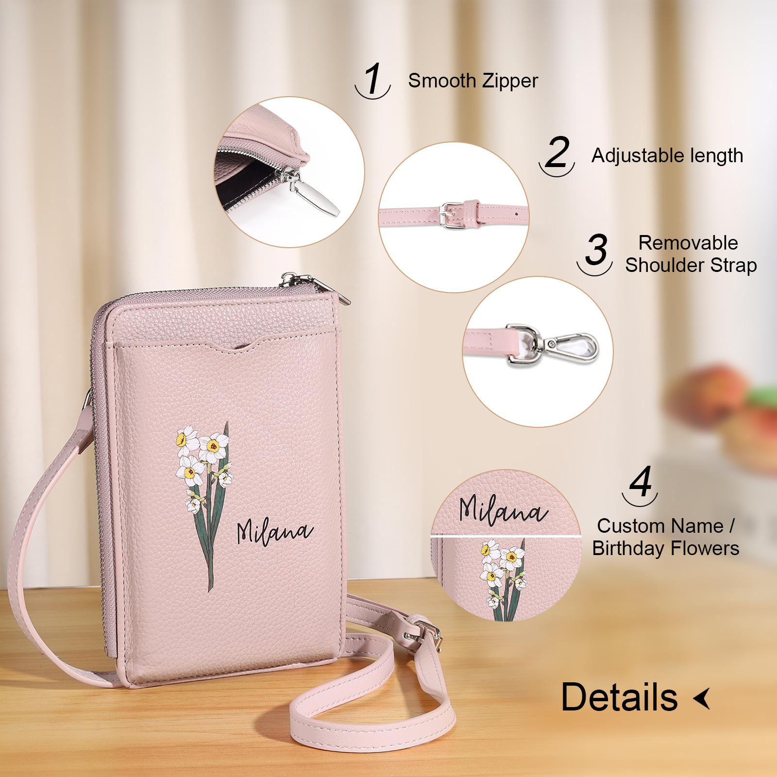 Personalised Leather Crossbody Phone Bag with Name and Birth Flower Zippered Designer Wallet Stylish Gift for Her