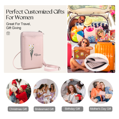 Personalised Leather Crossbody Phone Bag with Name and Birth Flower Zippered Designer Wallet Stylish Gift for Her