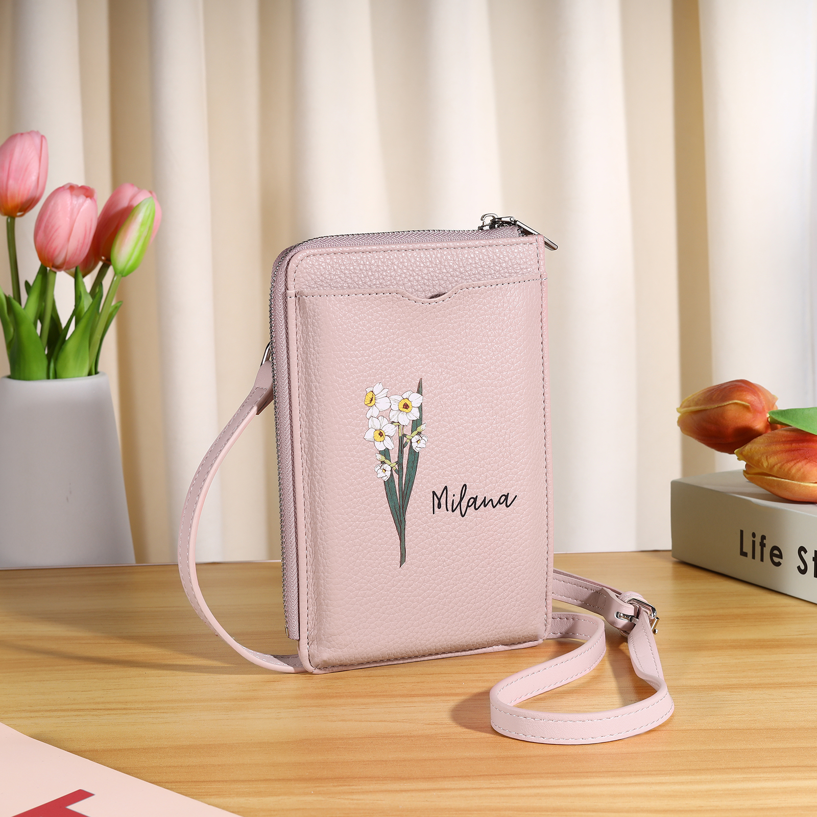 Personalised Leather Crossbody Phone Bag with Name and Birth Flower Zippered Designer Wallet Stylish Gift for Her