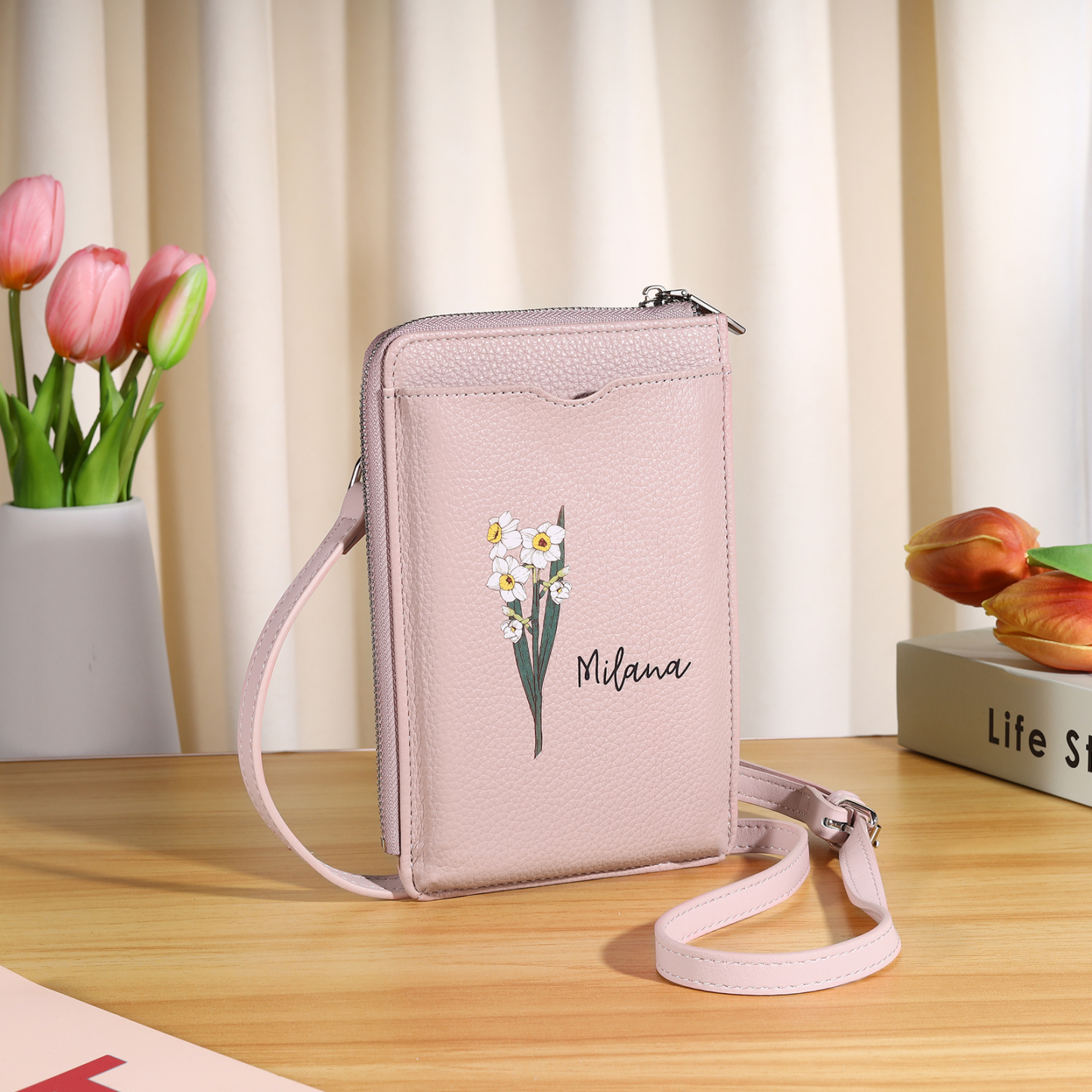 Personalised Leather Crossbody Phone Bag with Name and Birth Flower Zippered Designer Wallet Stylish Gift for Her