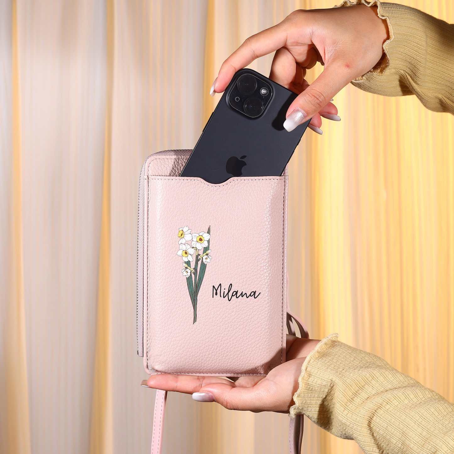 Personalised Leather Crossbody Phone Bag with Name and Birth Flower Zippered Designer Wallet Stylish Gift for Her