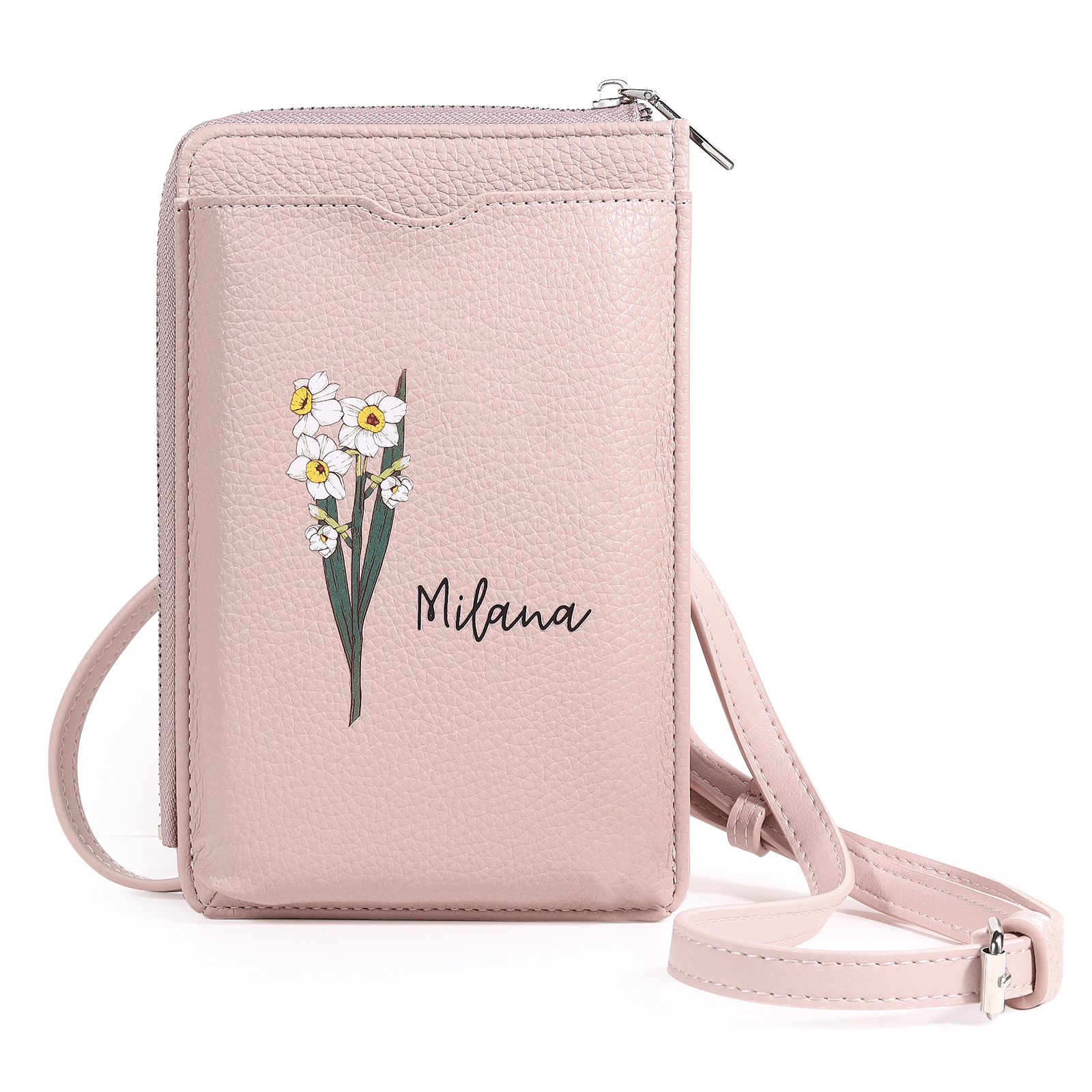 Personalised Leather Crossbody Phone Bag with Name and Birth Flower Zippered Designer Wallet Stylish Gift for Her