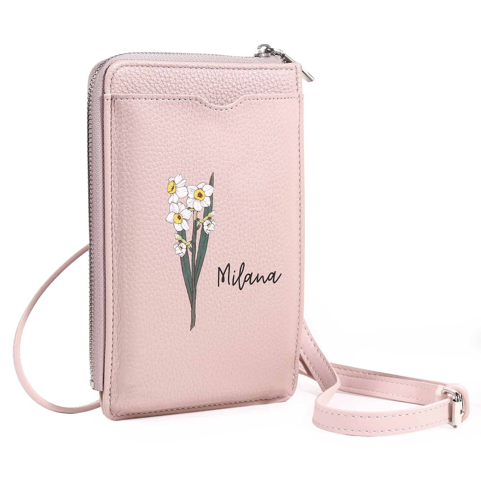 Personalised Leather Crossbody Phone Bag with Name and Birth Flower Zippered Designer Wallet Stylish Gift for Her