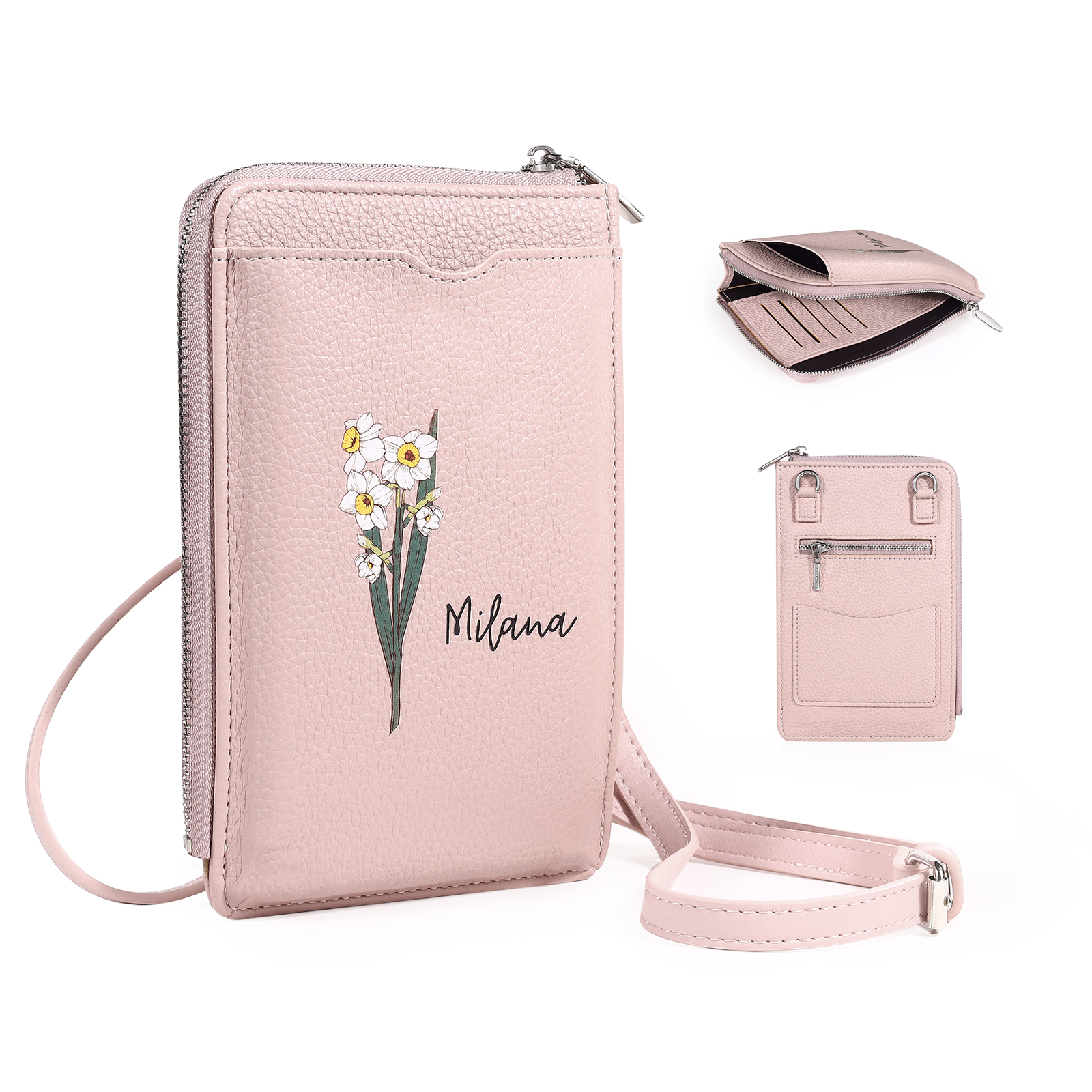 Personalised Leather Crossbody Phone Bag with Name and Birth Flower Zippered Designer Wallet Stylish Gift for Her