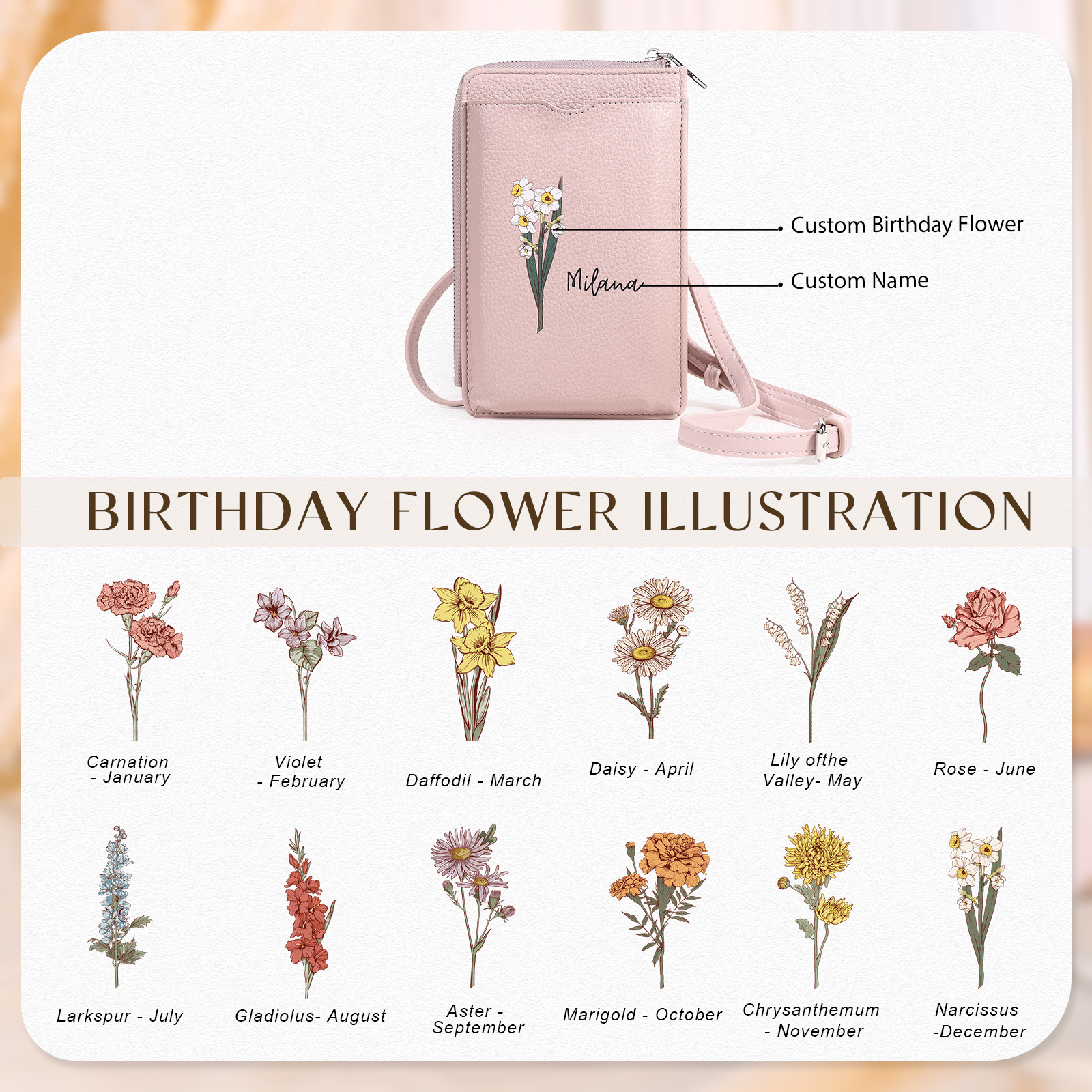 Personalised Leather Crossbody Phone Bag with Name and Birth Flower Zippered Designer Wallet Stylish Gift for Her