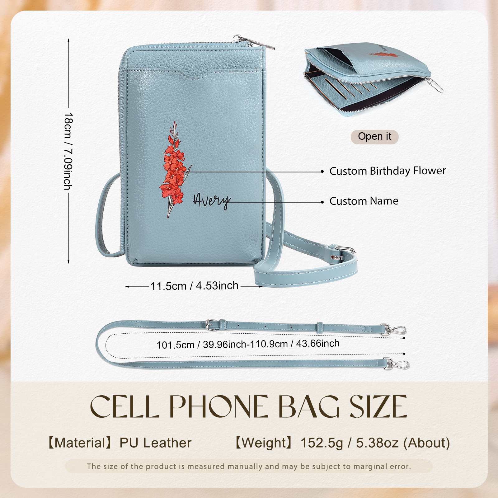 Personalised Leather Crossbody Phone Bag with Name and Birth Flower Zippered Designer Wallet Stylish Gift for Her