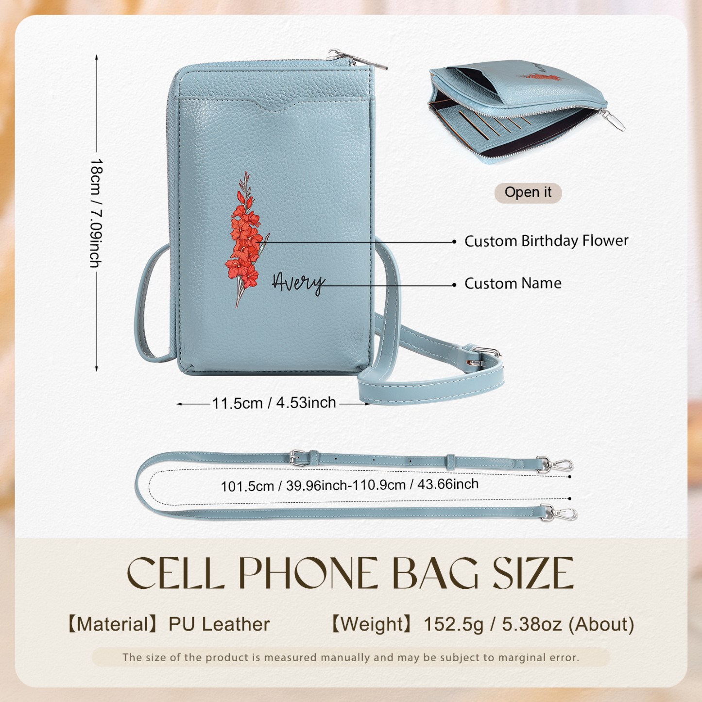 Personalised Leather Crossbody Phone Bag with Name and Birth Flower Zippered Designer Wallet Stylish Gift for Her