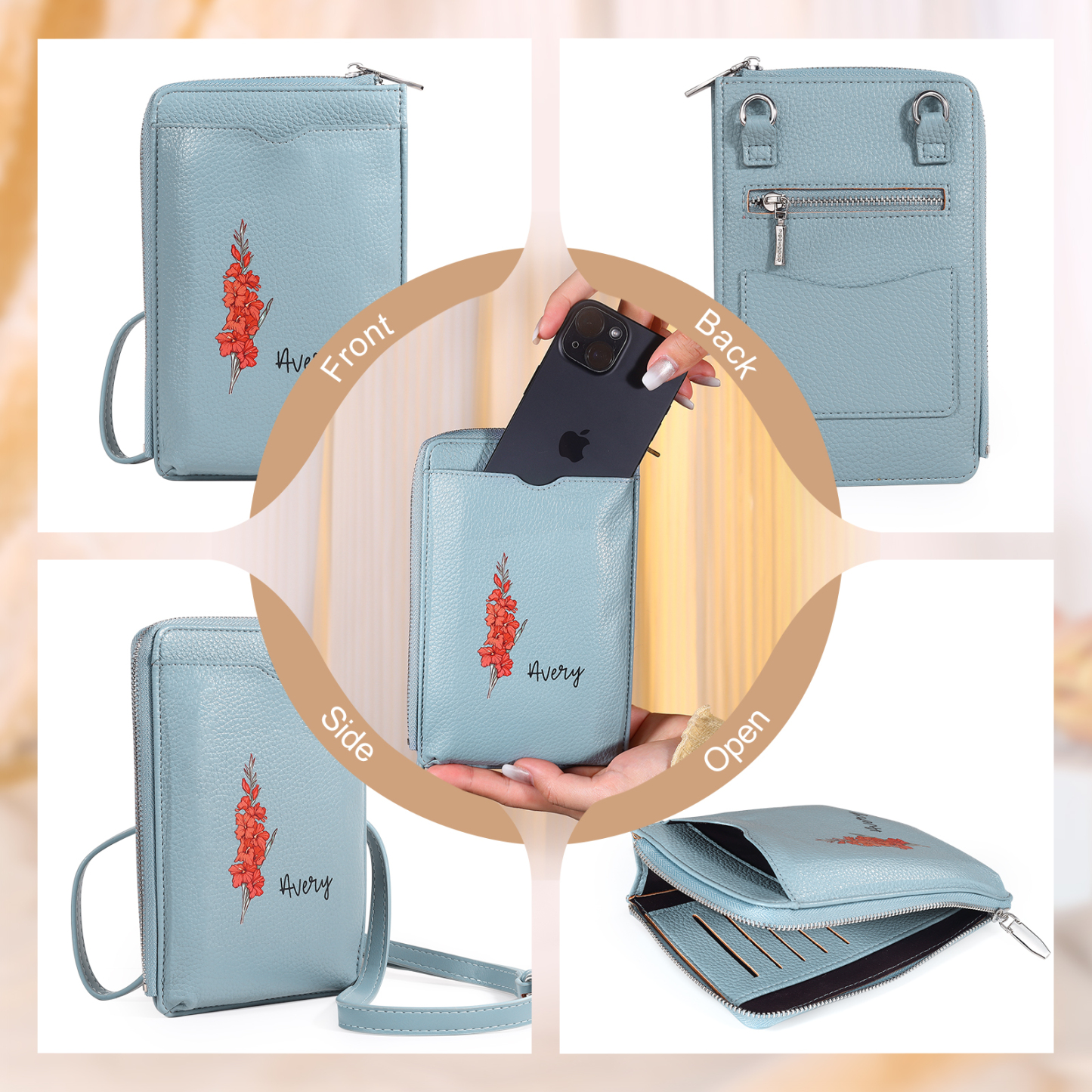Personalised Leather Crossbody Phone Bag with Name and Birth Flower Zippered Designer Wallet Stylish Gift for Her