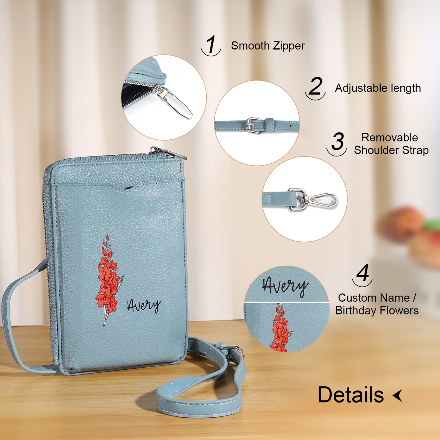 Personalised Leather Crossbody Phone Bag with Name and Birth Flower Zippered Designer Wallet Stylish Gift for Her