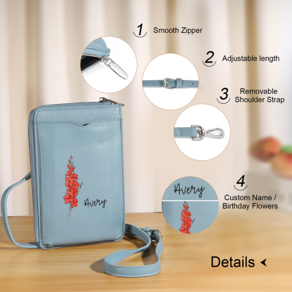 Personalised Leather Crossbody Phone Bag with Name and Birth Flower Zippered Designer Wallet Stylish Gift for Her