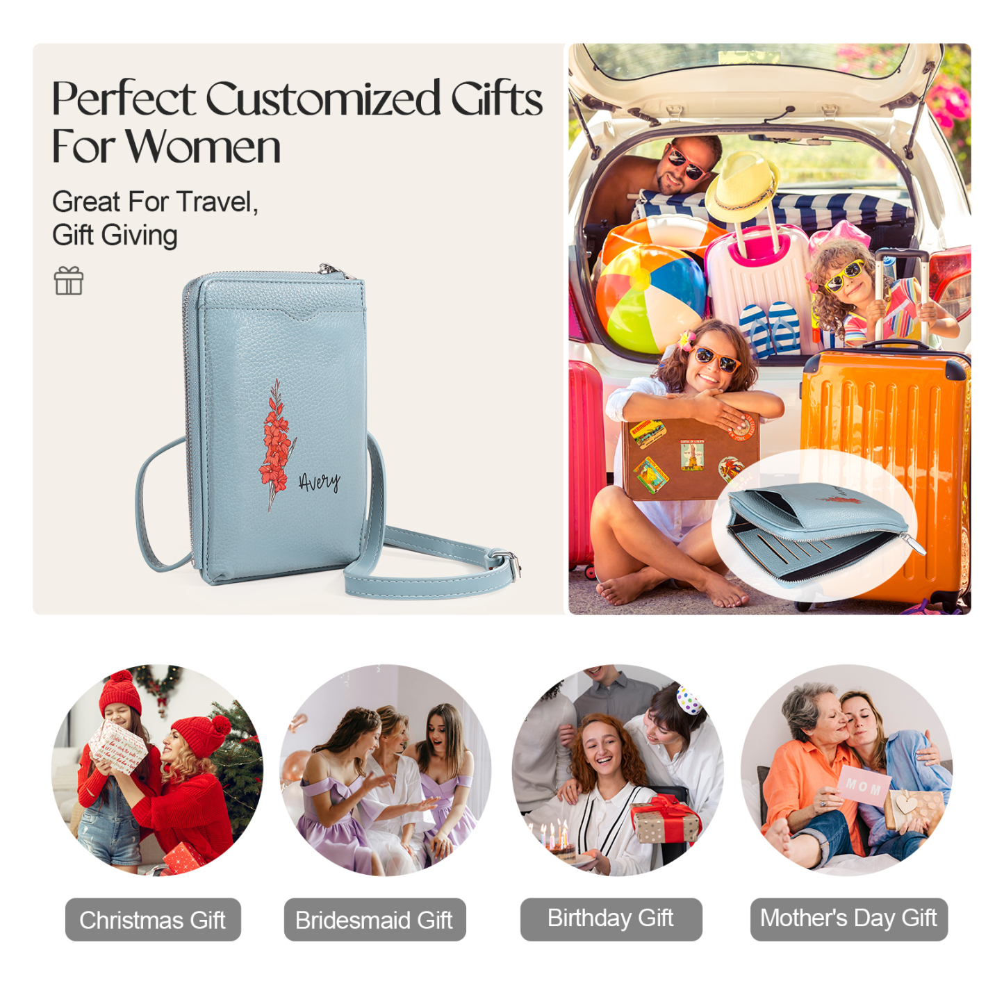 Personalised Leather Crossbody Phone Bag with Name and Birth Flower Zippered Designer Wallet Stylish Gift for Her