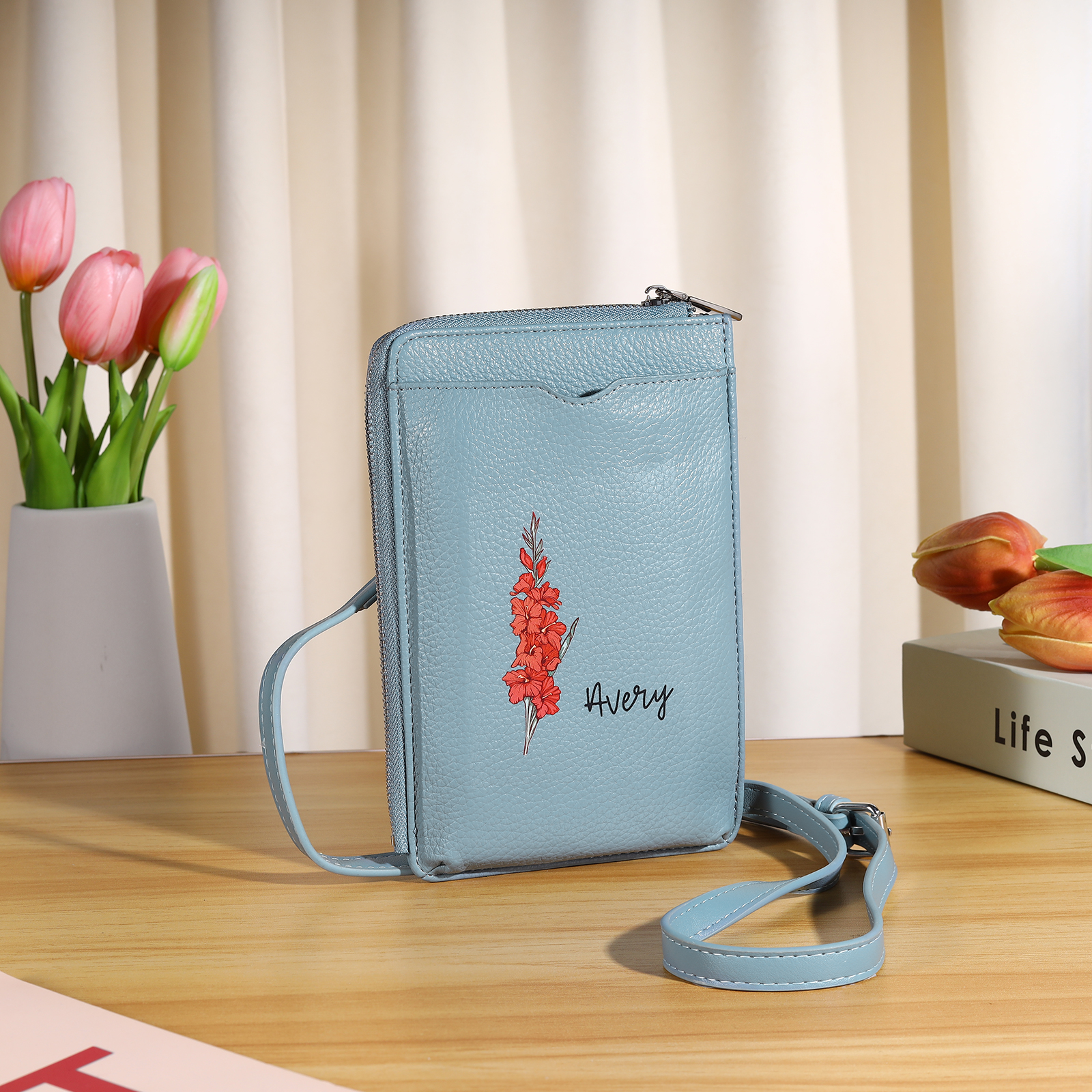 Personalised Leather Crossbody Phone Bag with Name and Birth Flower Zippered Designer Wallet Stylish Gift for Her