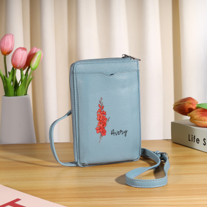 Personalised Leather Crossbody Phone Bag with Name and Birth Flower Zippered Designer Wallet Stylish Gift for Her