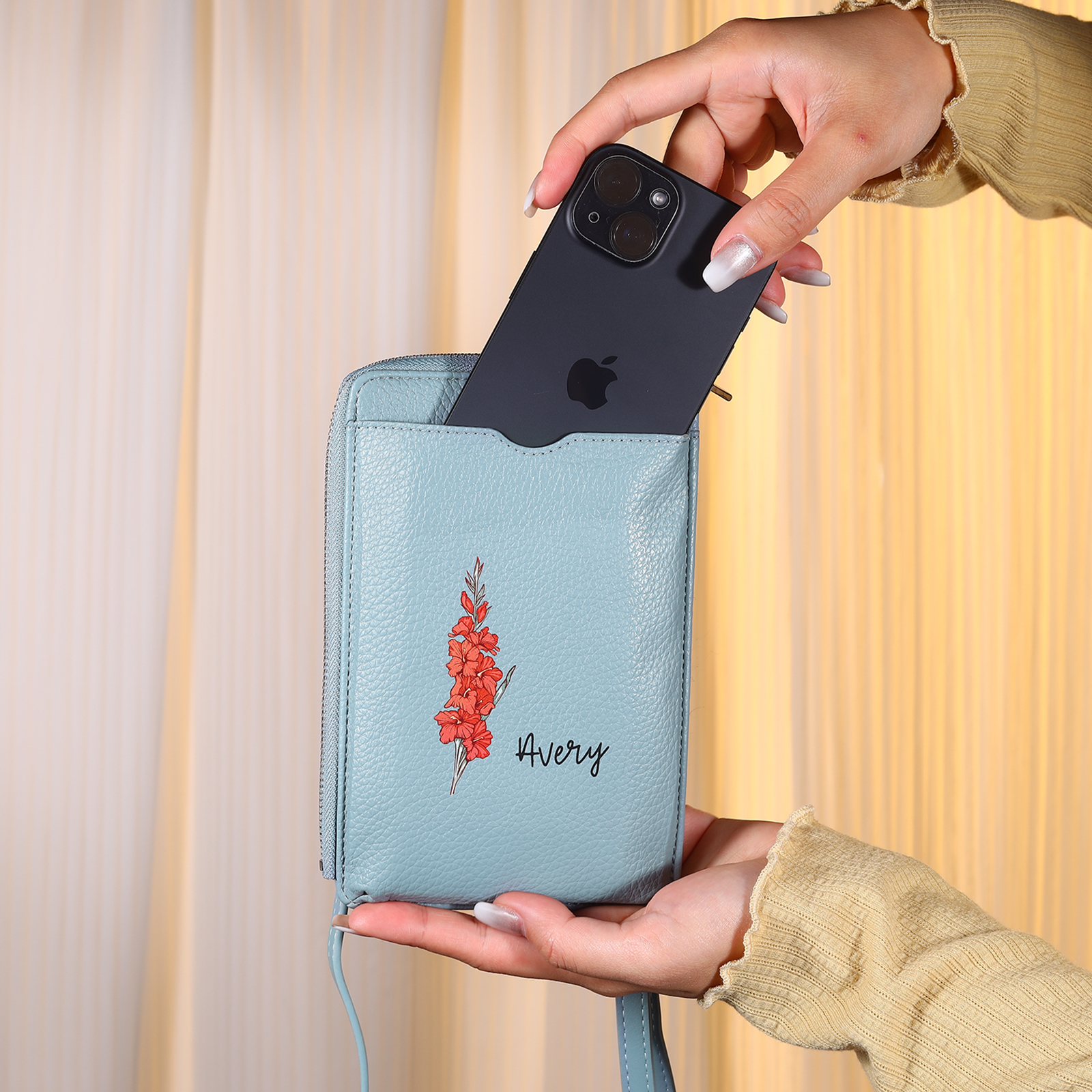 Personalised Leather Crossbody Phone Bag with Name and Birth Flower Zippered Designer Wallet Stylish Gift for Her