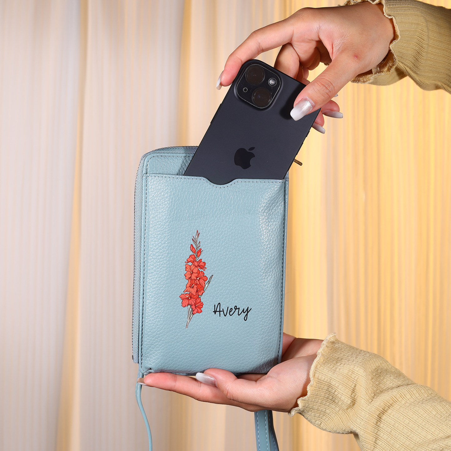 Personalised Leather Crossbody Phone Bag with Name and Birth Flower Zippered Designer Wallet Stylish Gift for Her