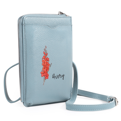 Personalised Leather Crossbody Phone Bag with Name and Birth Flower Zippered Designer Wallet Stylish Gift for Her
