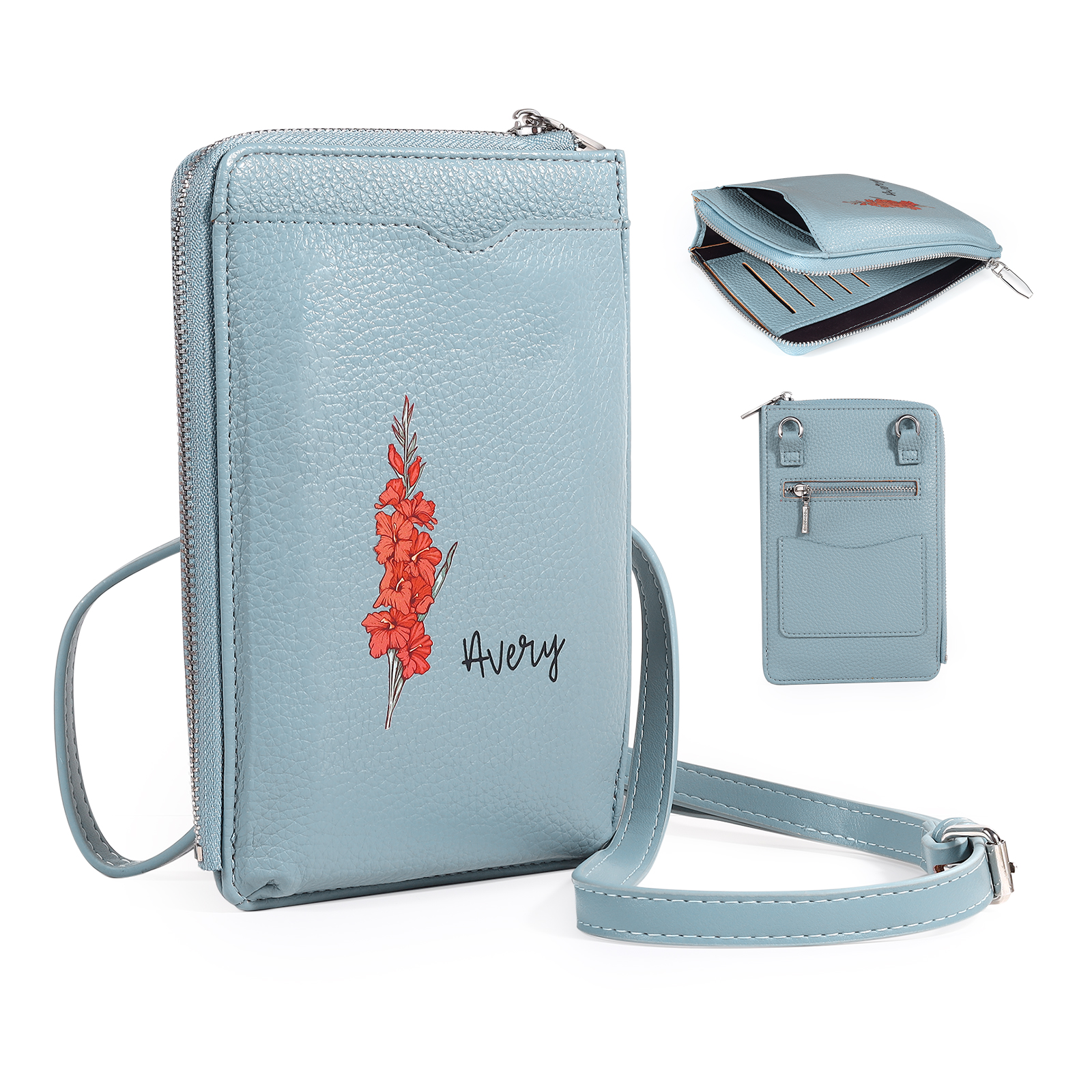 Personalised Leather Crossbody Phone Bag with Name and Birth Flower Zippered Designer Wallet Stylish Gift for Her