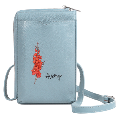Personalised Leather Crossbody Phone Bag with Name and Birth Flower Zippered Designer Wallet Stylish Gift for Her