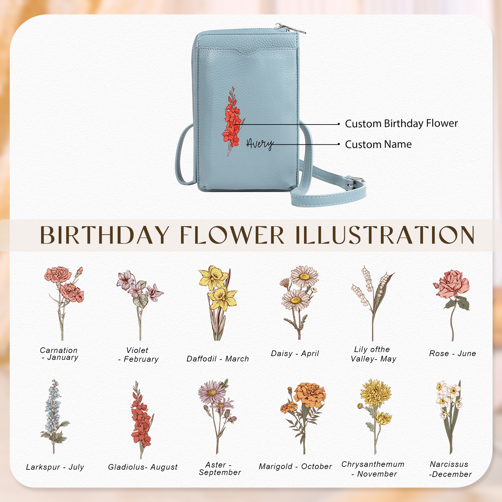 Personalised Leather Crossbody Phone Bag with Name and Birth Flower Zippered Designer Wallet Stylish Gift for Her