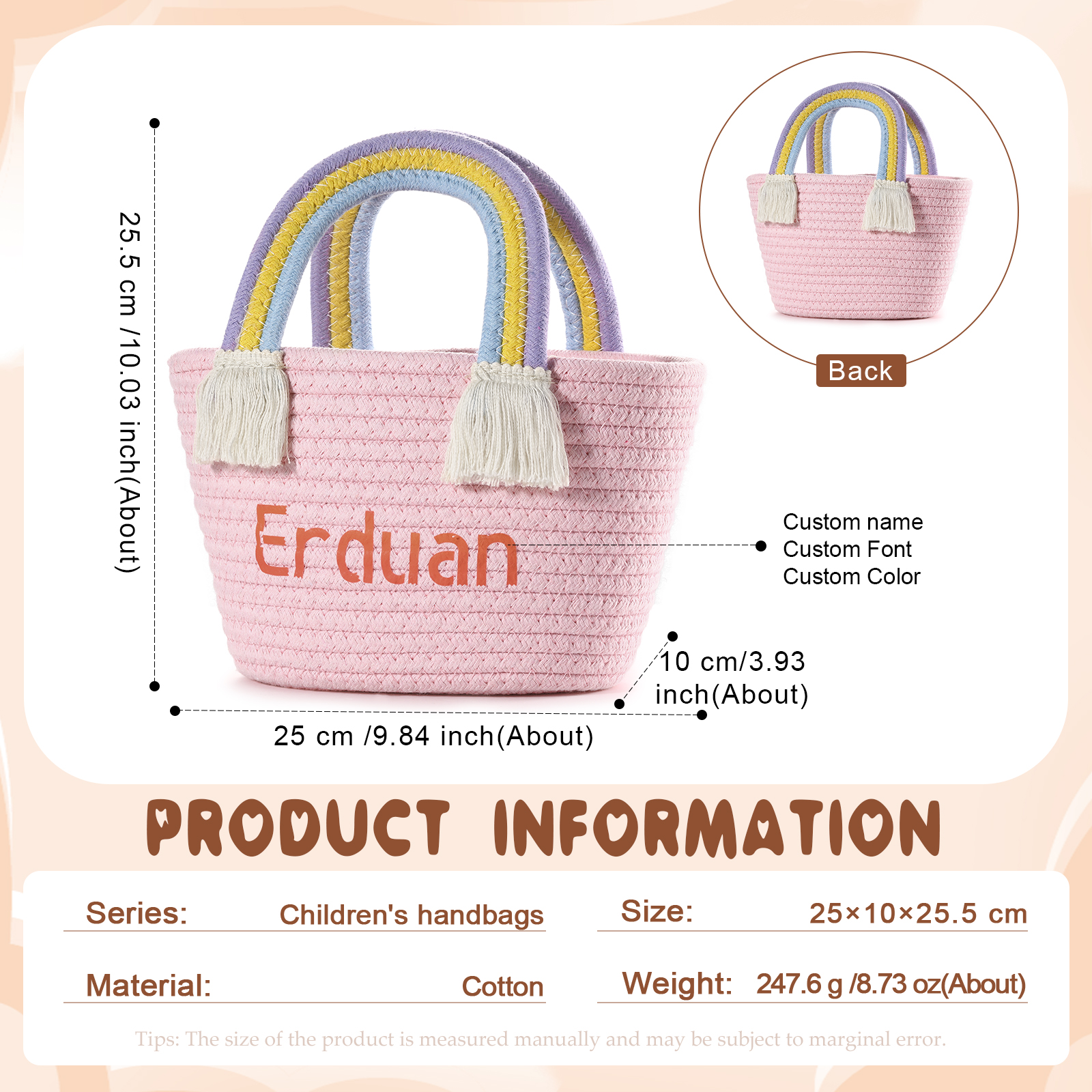 Personalised Name Handbag Cute Pink Pastel Rainbow Basket Rope Bag Kids Rainbow Purses Gift for Kids