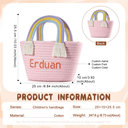 Personalised Name Handbag Cute Pink Pastel Rainbow Basket Rope Bag Kids Rainbow Purses Gift for Kids
